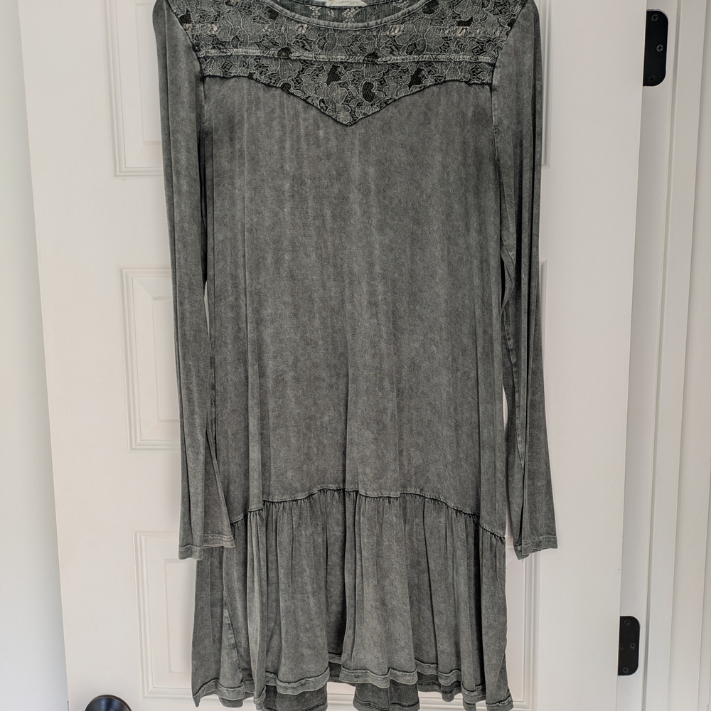 Easel Charcoal Long Sleeve Dress with Lace Detail